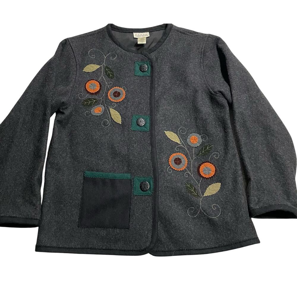 Cedar Canyon Jacket Wool Button Floral Embroidered Felted Womens Sz Medium Gray